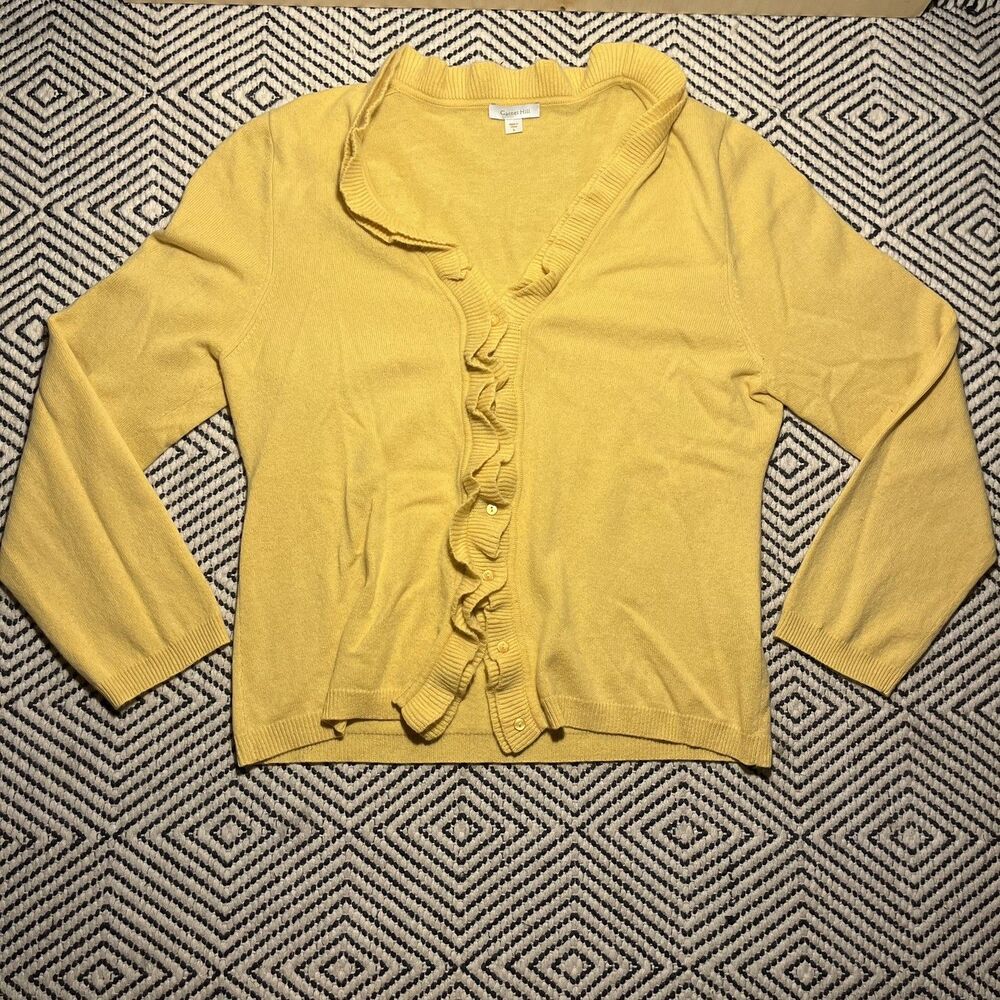 Women's Butter Yellow Button Up  Ruffle Long Sleeve 100% Cashmere SZ L Cardigan